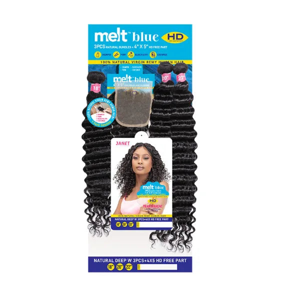 Tissage MELT BLUE NATURAL DEEP WAVE 3PCS (18"20"22") avec closure 4X5 HD