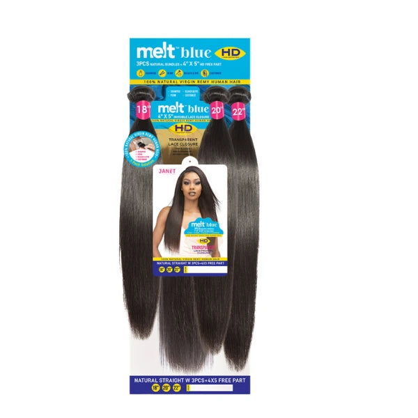Tissage MELT BLUE NATURAL STRAIGHT 3PCS (18"20"22") avec closure 4X5 HD