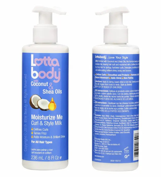 Revlon Lottabody Moisturize Me Curl & Style Milk composé d'huiles de noix de coco et de karité qui hydratent en profondeur les cheveux.