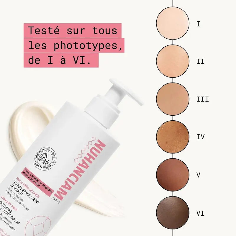 Baume Émollient Apaisant Nuhanciam adapté à toutes les carnations et aux peaux noires, mates et métissées