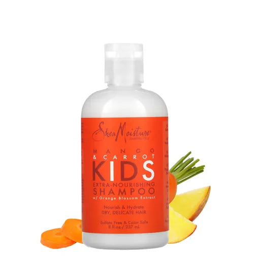 Shea Moisture Mango & Carrot Kids Extra Nourishing Shampoo est un nettoyant nourrissant et doux qui démêle les cheveux fins et délicats des enfants.