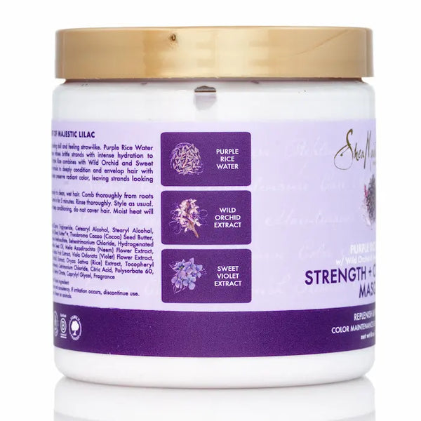 Le Masque capillaire Purple Rice Water Strength + Color Care infuse une hydratation intense aux cheveux colorés ou cassants pour restaurer leur santé et leur force. Shea Moisture