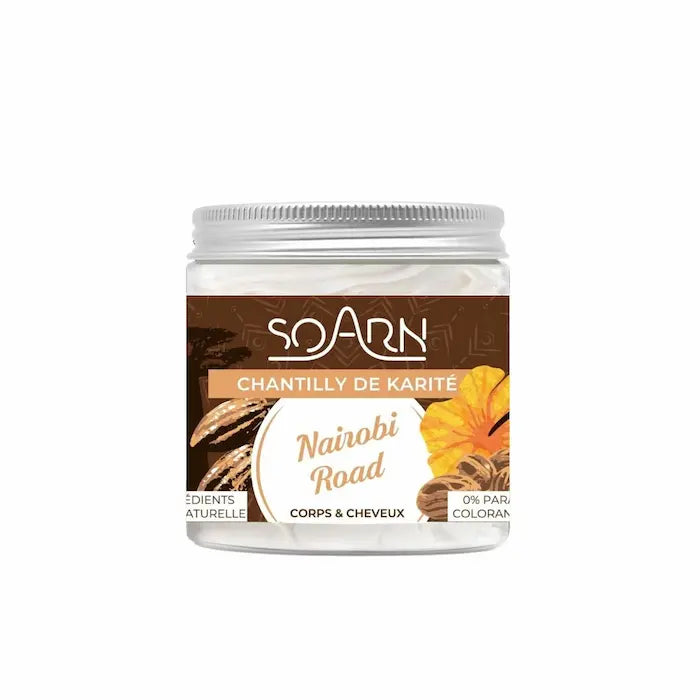 Riche en acides gras et en antioxydants, la chantilly de karité Nairobi Road de Soarn répare efficacement la fibre capillaire. Elle assouplit la peau et la protège des agressions extérieures.
