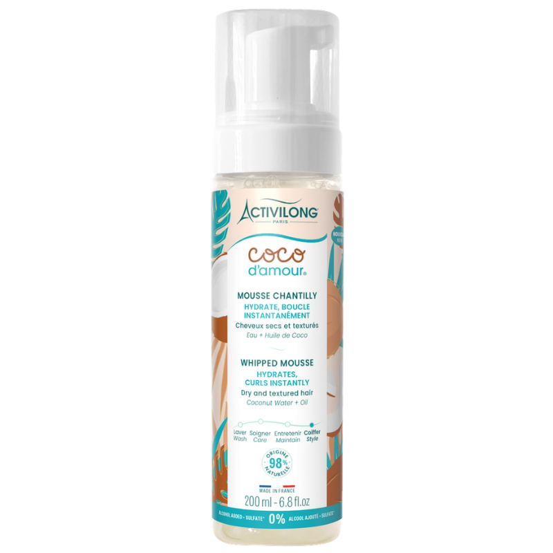 Mousse coiffante Activilong Coco d'Amour hydrate et définit les boucles. Formule sans alcool asséchant