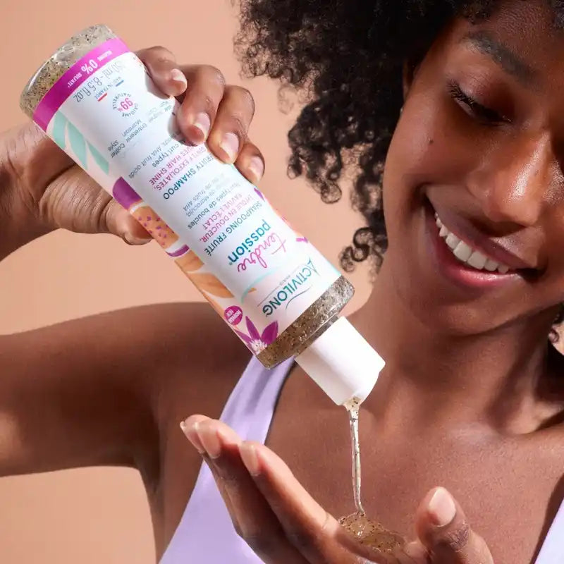 Shampooing Exfoliant Sans Sulfate aux acides de fruits AHA et graimes de Maracuja Activilong