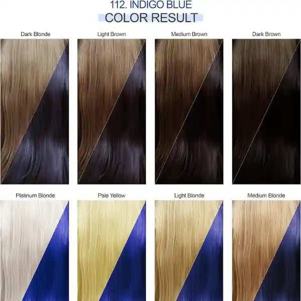 Nuancier Coloration Adore 112 Bleu Indigo sur cheveux blonds, châtains ou décolorés