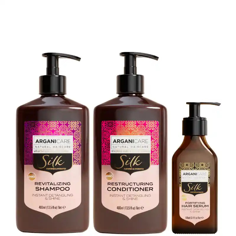 Trio Arganicare SILK revitalise, fait briller et protège de la chaleur lors du brushing les cheveux secs et ternes
