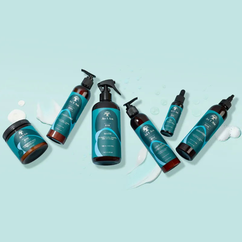 Gamme complète As I Am Bond pour hydrater et fortifier les cheveux texturés secs et abîmés.