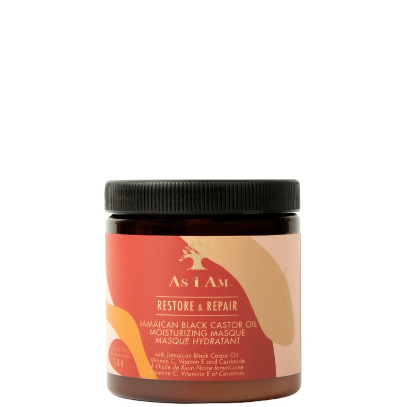 As I Am JBCO Masque allie l'huile de carapate aux vitamines C et E pour des cheveux forts et brillants.