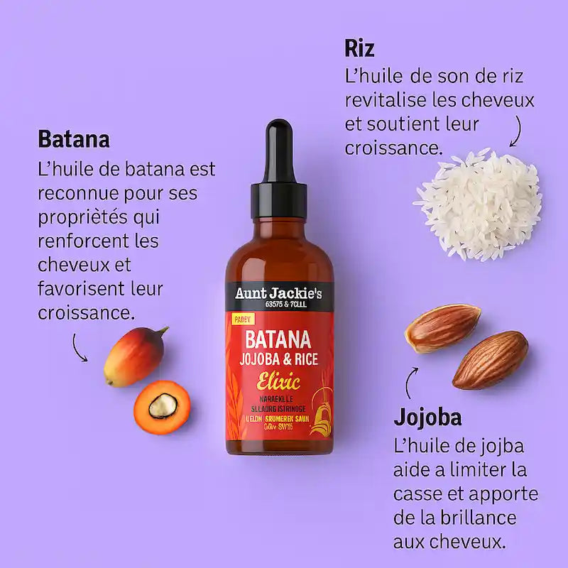 Un soin réparateur complet aux huiles de Batana, riz et de jojoba pour nourrir et protéger les cheveux et pointes sèches. Aunt Jackie's