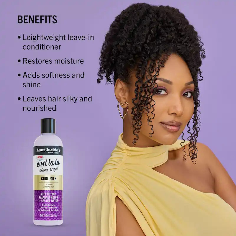Boucles souples et hydratées avec le lait capillaire Curl La La Aunt Jackie’s sur cheveux crépus frisés