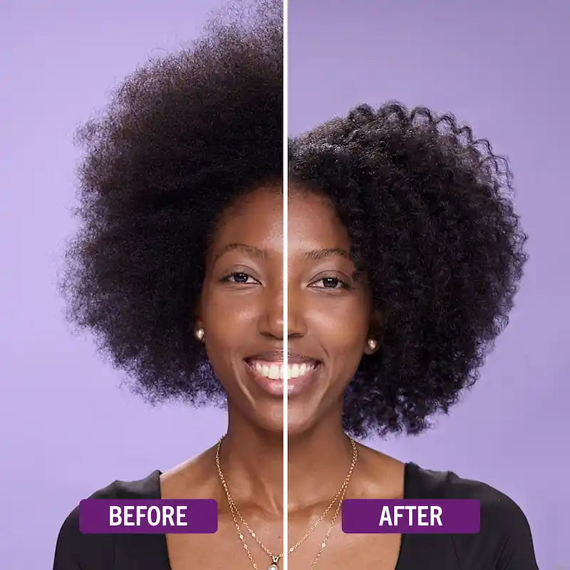 Avant après Wash and go avec Mousse Curl La La Aunt Jackie’s pour améliorer la définition des boucles et réduire les frisottis sur cheveux crépus
