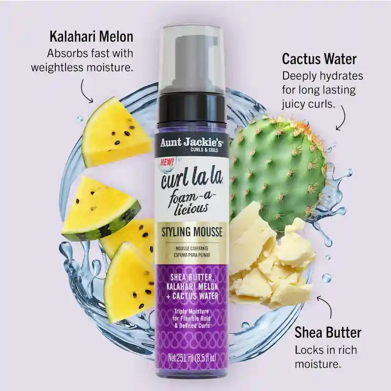 Mousse Curl La La Aunt Jackie’s avec beurre de karité, melon du Kalahari et cactus pour hydrater et définir les boucles