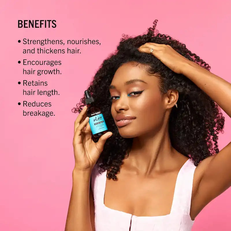 Bienfait de l’ Elixir Croissance Aunt Jackie's sur le cuir chevelu, soin à la biotine, romarin et menthe poivrée qui stimule les follicules et favorise des cheveux plus résistants