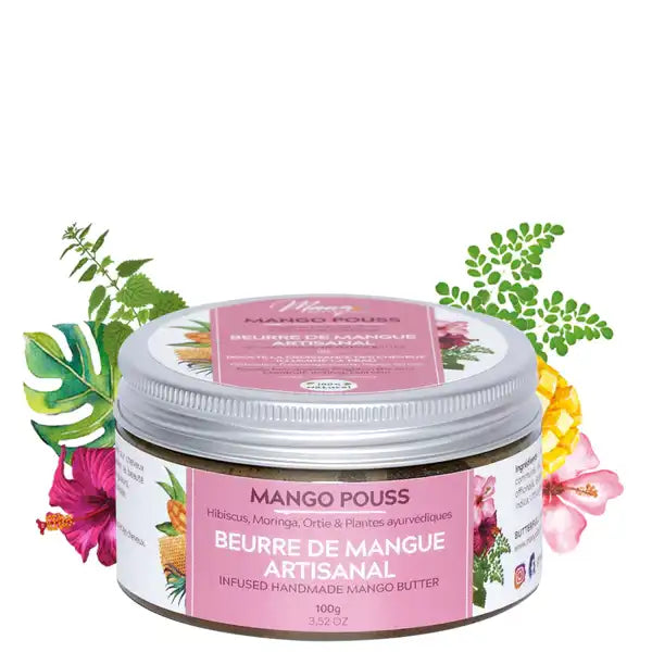 Mango Pouss Beurre de Mangue Artisanale Pot 100g Corps Cheveux à l'Hibiscus et Moringa