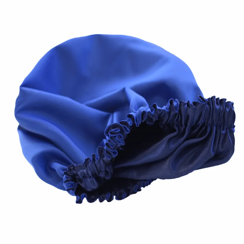 Bonnet de douche enfant bleu intérieur satin doux – protège les cheveux contre l’eau, idéal pour cheveux fragiles ou texturés