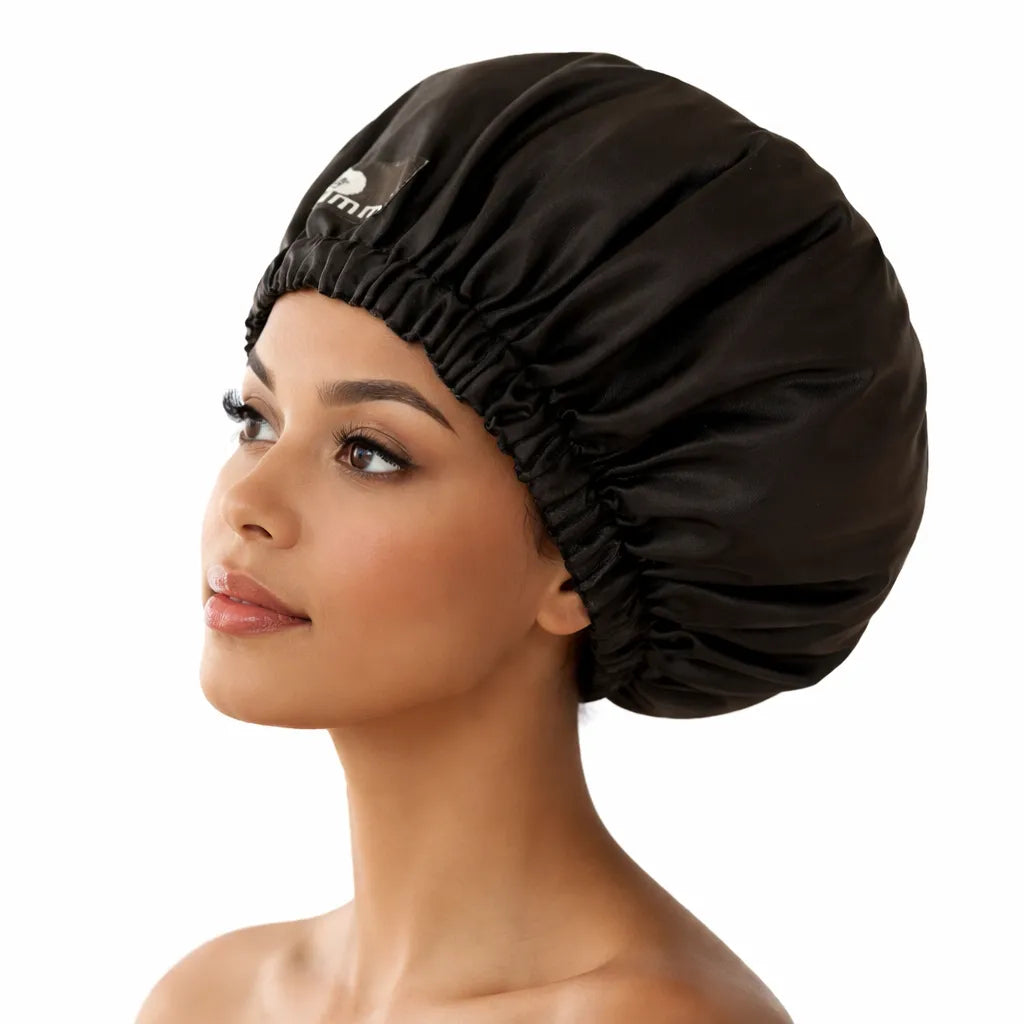Bonnet de douche large imperméable noir intérieur satin Swimma – protection cheveux crépus, bouclés longs, tresses, vanilles, locks