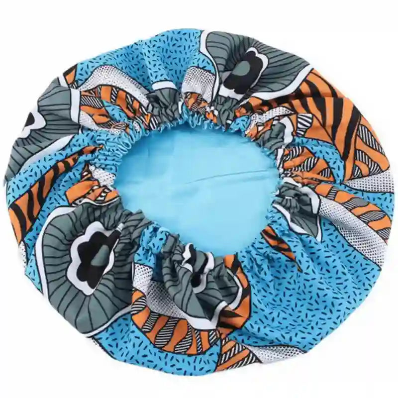 Bonnet Ankara Intérieur Satin Polyester Blue Orange pour la protéger les cheveux des frottements