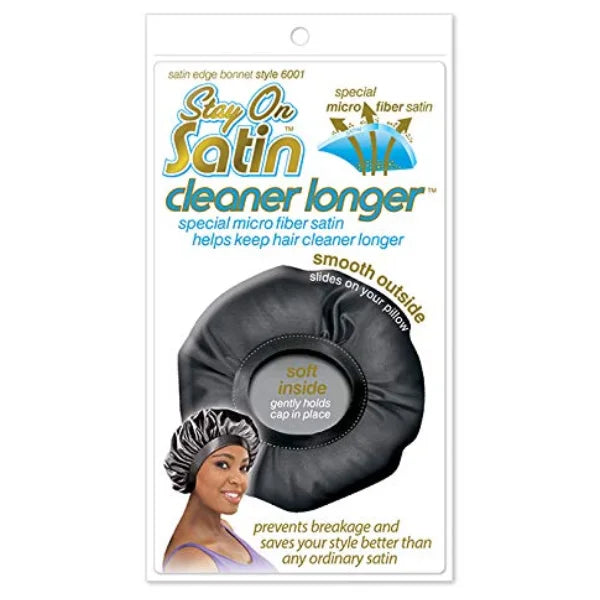 Bonnet en satin polyester noir pour maintenir l’hydratation des cheveux et éviter les frisottis pendant le sommeil.