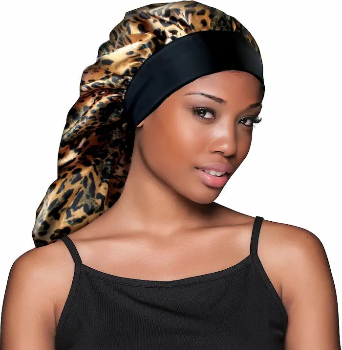 Bonnet satin long avec bandeau de maintient Imprimé Léopard Evolve luxe