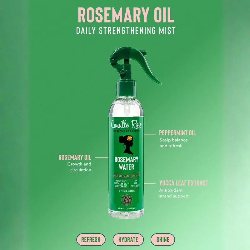 Spray Fortifiant Rosemary Water Camille Rose au romarin et aloe vera pour cheveux cassants, croissance capillaire et pousse capillaire