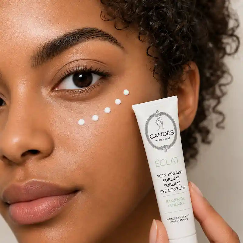 Candès soin crème à la texture légère à l'acide haluronique pour hydrater et lisser le contour des yeux. Adapté aux peaux sensibles, noires, mates, métissées