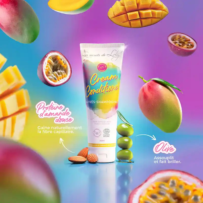Après-shampoing Les Secrets de Loly aux protéines d'amande douce et Olive pour démêler les cheveux bouclés fins
