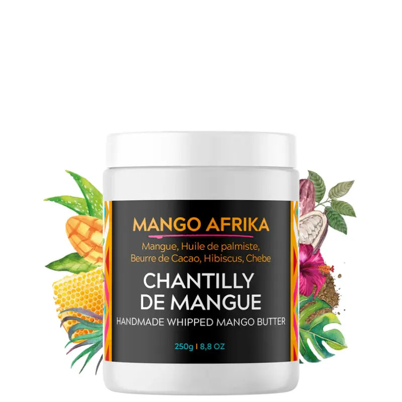 Chantilly de mangue Mango Butterfull Afrika Nourrit les cheveux crépus épais grâce à sa formule à la mangue et chébé. Pot 250 g