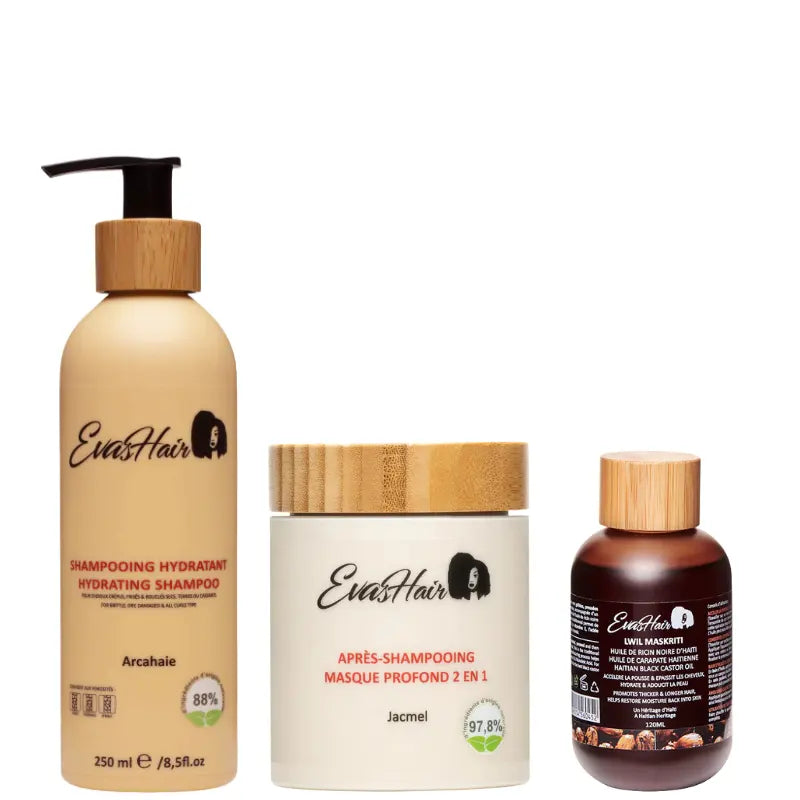 Routine Wash Day Evashair à base d'huile de Ricin Noire pour favoriser la pousse des cheveux crépus, bouclés frisés