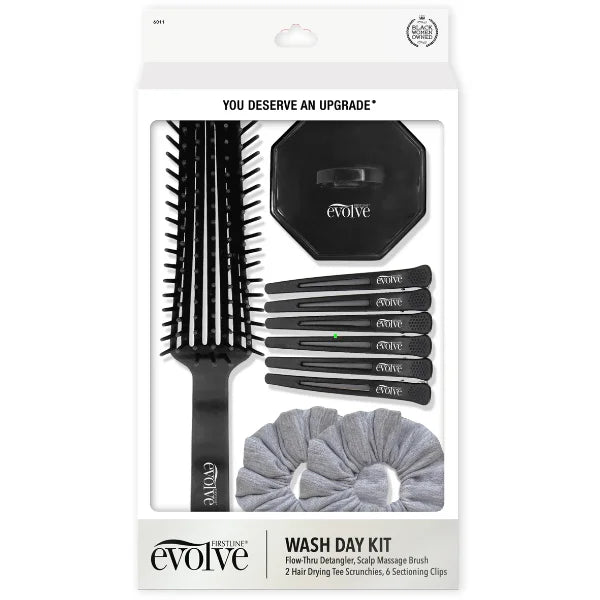 Kit avec Brosse Flow-Thru Evolve glissant sur cheveux mouillés, idéale pour démêlage sans casse.