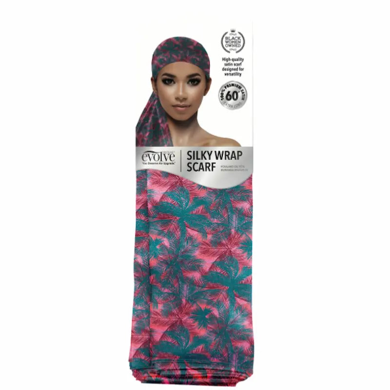 Foulard Cheveux Rouge Rose imprimé feuilles de palmier Silky Wrap Scarf Evolve 6630