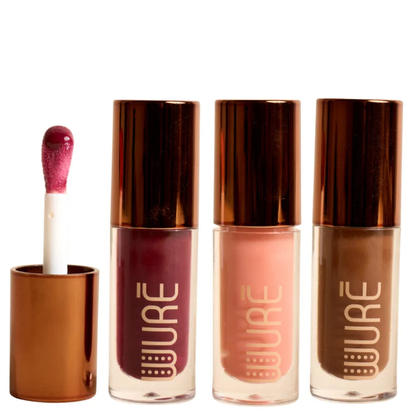 Huiles à lèvres Wuré Lac Rose, Café Touba et Hibiscus, enrichies en huiles naturelles pour des lèvres douces, brillantes et protégées.