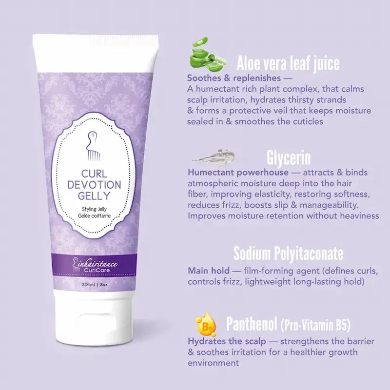 Curl Devotion Gelly Inhairitance enrichie en Rose de Jéricho, ginseng et actifs hydratants pour définir les boucles sans effet carton