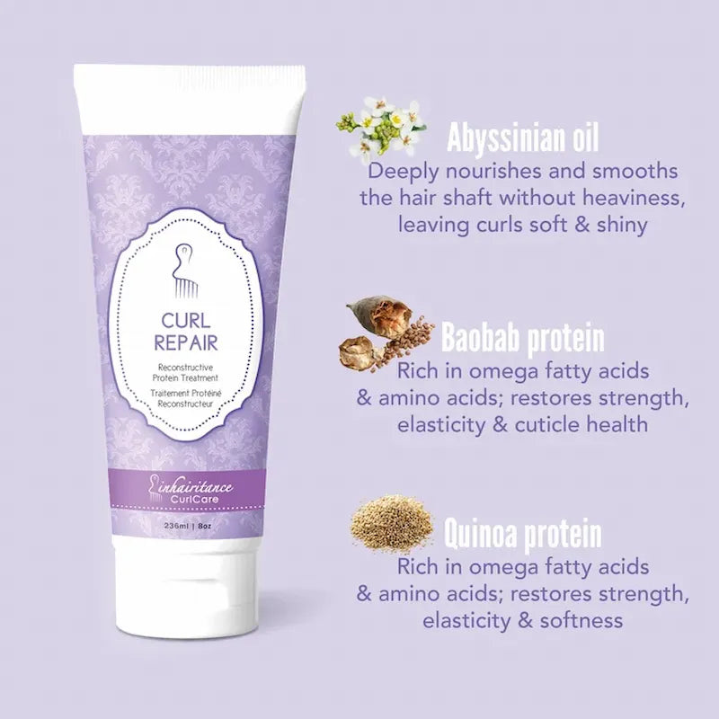 Traitement protéiné Curl Repair Inhairitance aux protéines hydrolysées de baobab et quinoa pour cheveux poreux, colorés, décolorés ou cassants