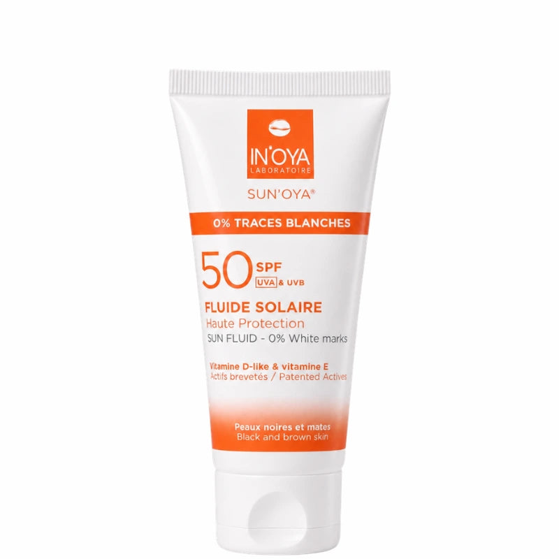 Crème solaire SPF 50 Laboratoire In'Oya. Idéale pour les peaux pigmentées. Haute protection solaire UVA/UVB. Sans traces blanches.