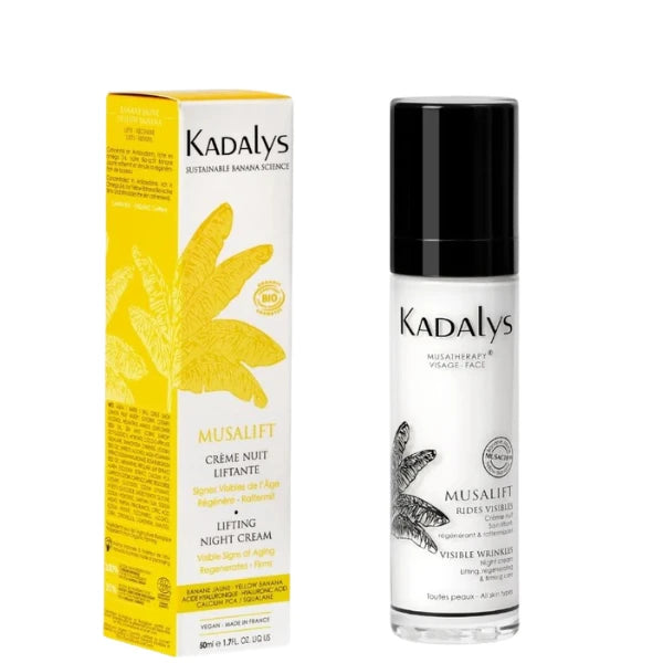 Flacon et boîte crème nuit Musalift Kadalys soin bio anti‑âge pour lisser et raffermir la peau
