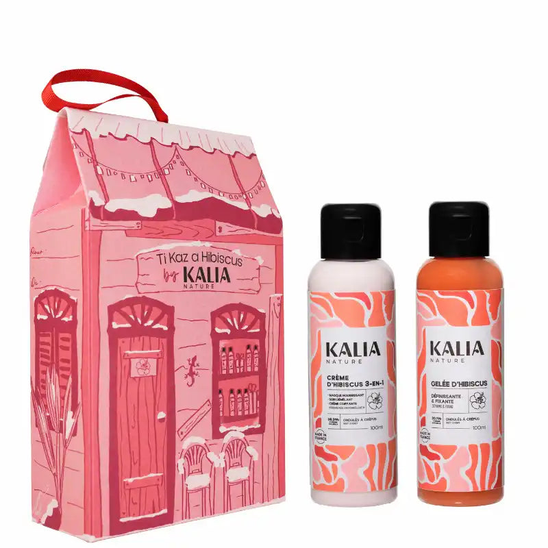 Routine coiffage Kalia Nature à l’hibiscus avec crème nourrissante et gelée définissante pour wash and go, twist-out et boucles rebondies