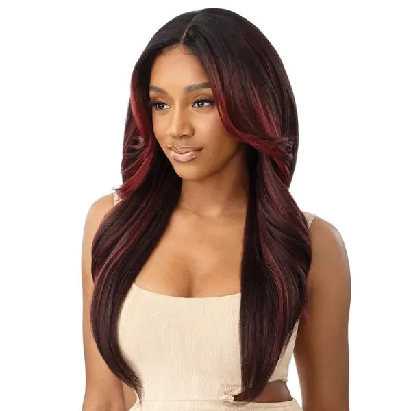 Lace HD wavy perruque longue couleur burgundy Outre Lennox