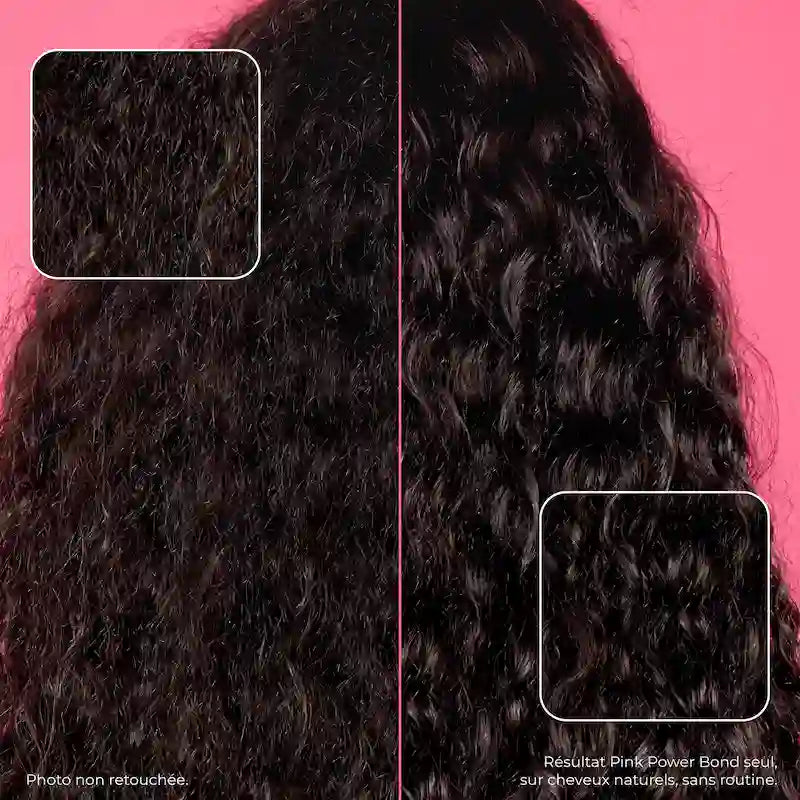 Résultat Avant / Après du Pink Power Bond Les Secrets de Loly sur cheveux bouclés : plus de rebonds et de brillance