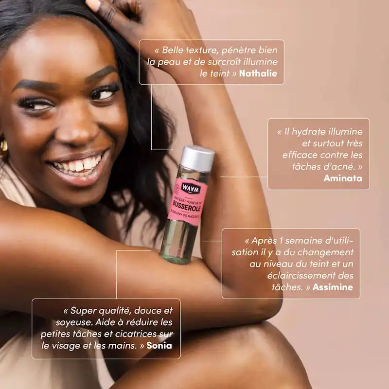 L'Huile de Busserole atténue les taches sur la peau. Elle unifie et éclaire le teint. Astringente, elle resserre les pores et aide à corriger les imperfections.