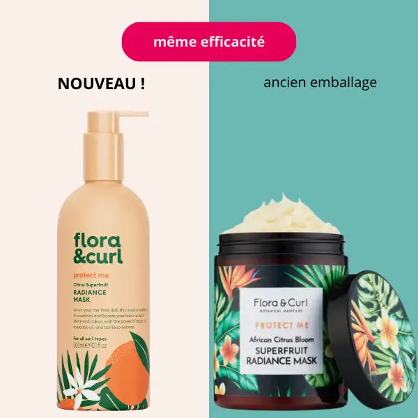 Flora & Curl African Citrus Superfruit Radiance Mask consistance légère et crémeuse avec un parfum d'agrumes. Changement de packaging