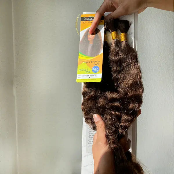 Méches cheveux naturels pour tresse. Rajouts 100% remy human hair 14 à 18 pouces. Janet Collection Super French Bulk en châtain (4)