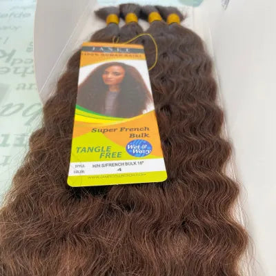 Cheveux naturels pour tresse. Rajouts 100% remy human hair 14 à 18 pouces. Janet Collection Super French Bulk en châtain (4)