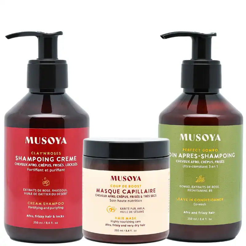 Routine Clarifiante Detox à l'argile Rhassoul, Amla et Gombo pour cheveux afro crépus fins Musoya