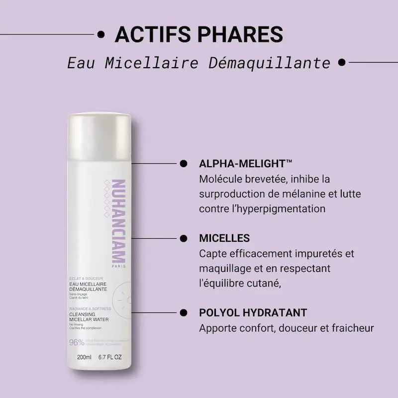 Eau Micellaire Démaquillante Nuhanciam nettoie le visage, les yeux, le cou et apporte clarté et unification au teint