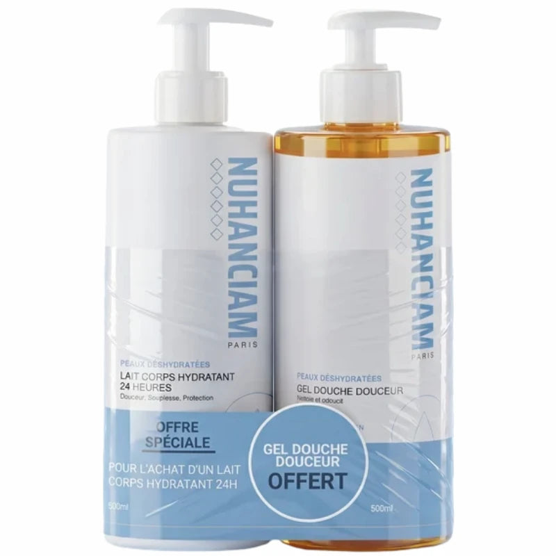 Lait Corps Hydratant 24h et Gel Douche Douceur OFFERT Nuhanciam pour peaux sèches et déshydratées à la recherche de confort et d’hydratation durable