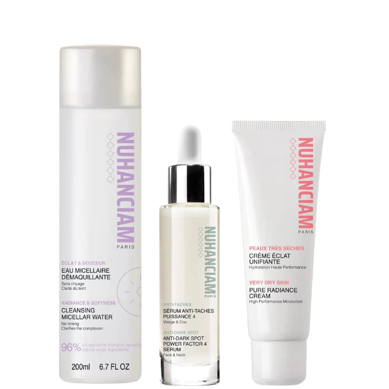 Nuhanciam propose 3 soins pour les peaux sèches ou ternes : Eau Micellaire Démaquillante, Sérum Anti-Tache et Crème Éclat Unifiante.