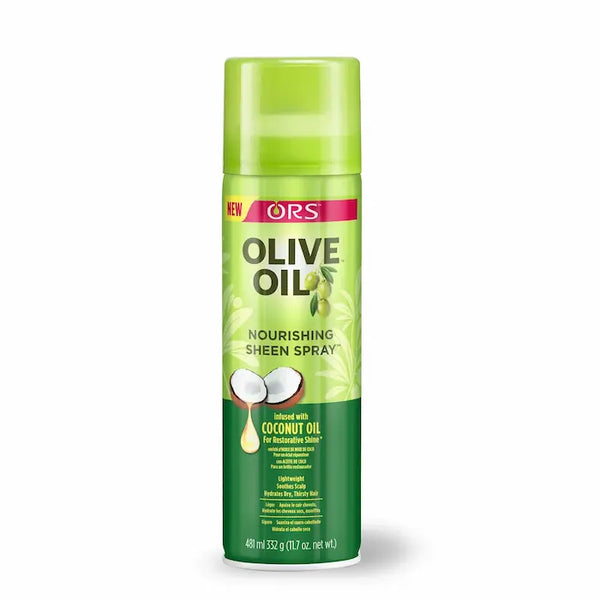 ORS Olive Oil Nourishing Sheen Spray nourrissant et lustrant à l'huile d'olive, rehausseur de lustre non gras pour les cheveux.