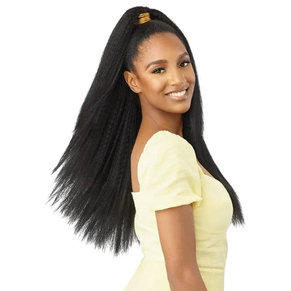 Perruque Converti Cap lisse YAKI noir et mi longue Super Nova Outre en cheveux synthétiques vue de profil cheveux noués