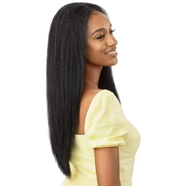 Perruque Converti Cap lisse YAKI noir et mi longue Super Nova Outre en cheveux synthétiques vue de profil cheveux lâchés